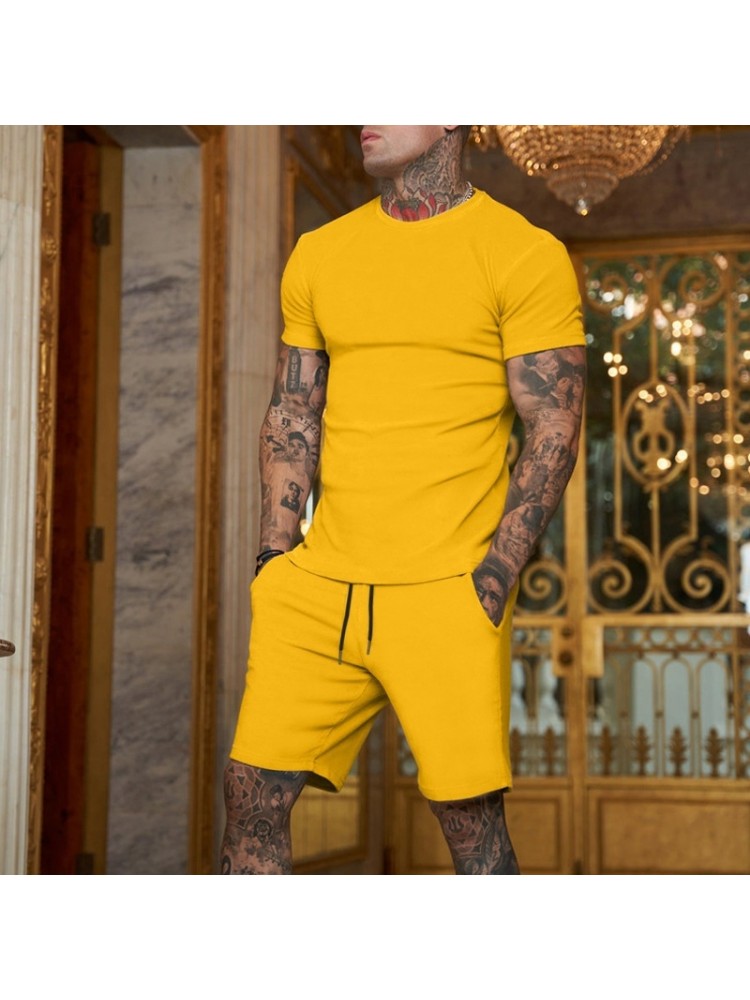 Pure Color Top And Pocket Shorts Men's Casual Suits