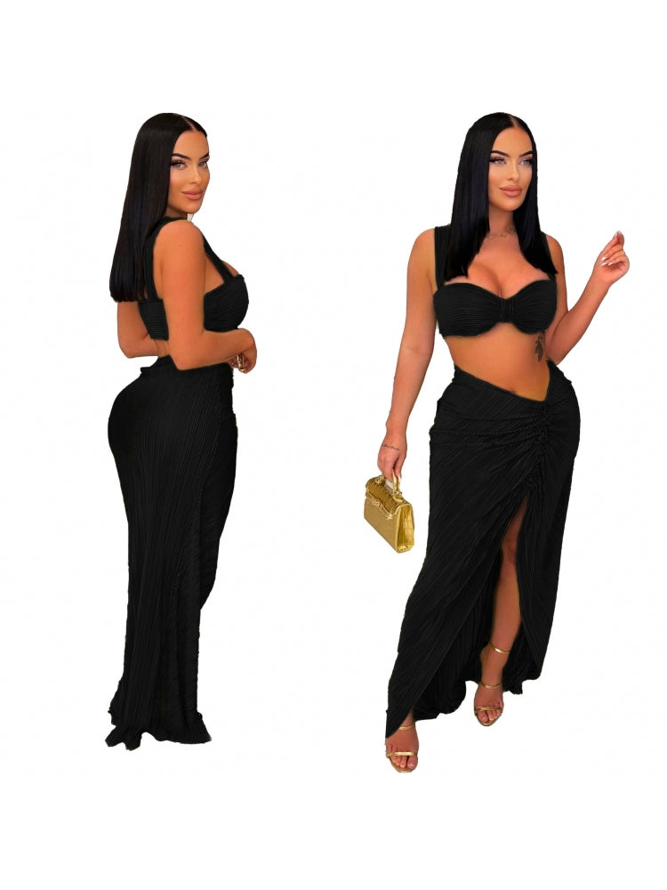 Sexy Ruched Crop Tank Slit Skirts Sets