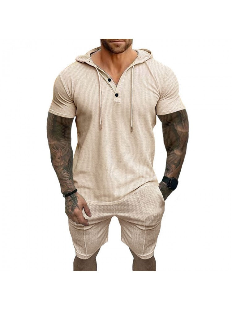 Patchwork Hooded Short Sleeve Short Suit