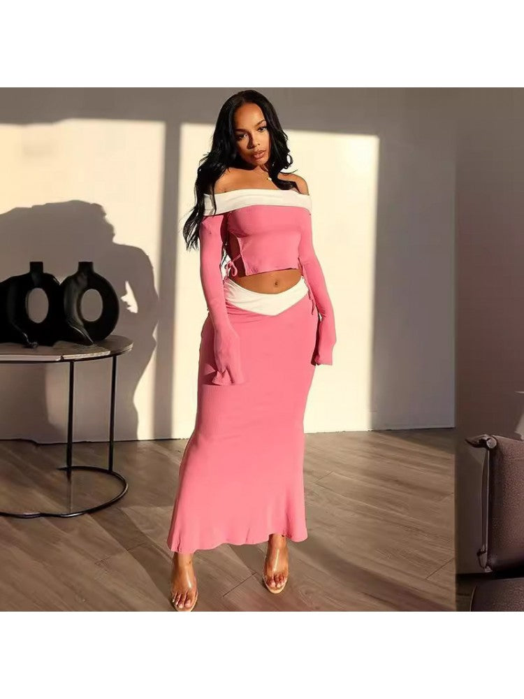 Colorblock Off Shoulder Cropped Skirt Sets