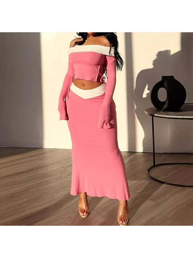 Colorblock Off Shoulder Cropped Skirt Sets