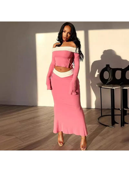 Colorblock Off Shoulder Cropped Skirt Sets