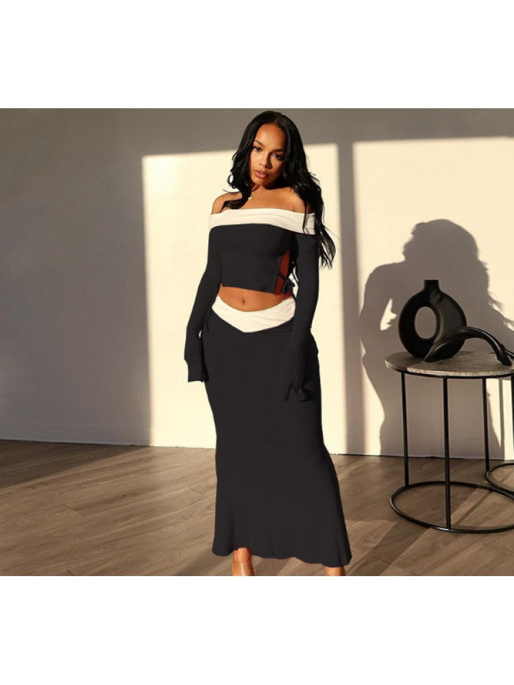 Colorblock Off Shoulder Cropped Skirt Sets