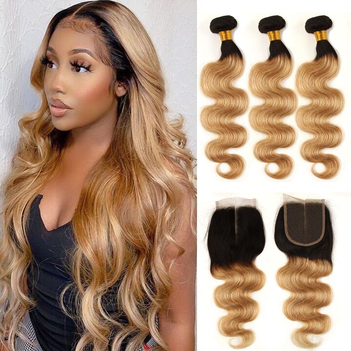 T1B/27 Ombre Honey Body Wave Hair 3 Bundles With Closure Human Hair With Dark Roots