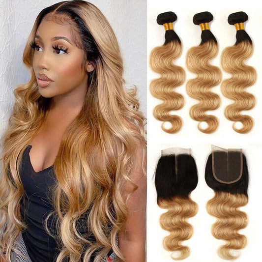 T1B/27 Ombre Honey Body Wave Hair 3 Bundles With Closure Human Hair With Dark Roots