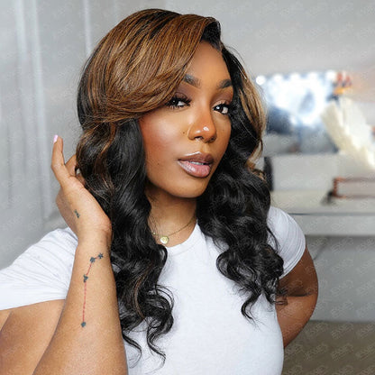 Ombre Brown Loose Wave 4x4 Lace Wig With Side Bangs Glueless Human Hair Wig