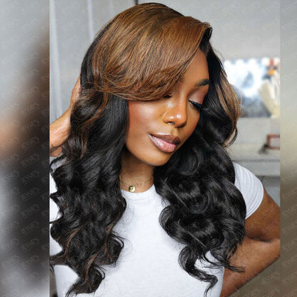 Ombre Brown Loose Wave 4x4 Lace Wig With Side Bangs Glueless Human Hair Wig