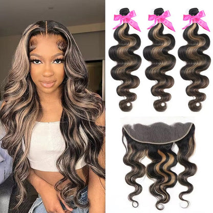 Balayage Honey Blonde Body Wave Hair 3 Bundles With 13x4 Lace Frontal