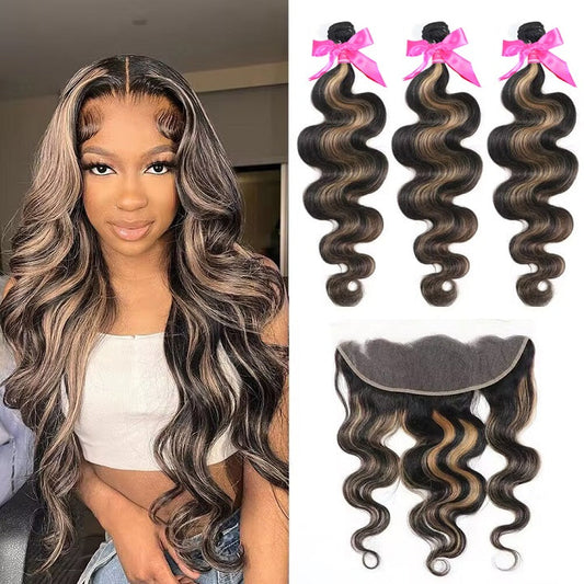 Balayage Honey Blonde Body Wave Hair 3 Bundles With 13x4 Lace Frontal