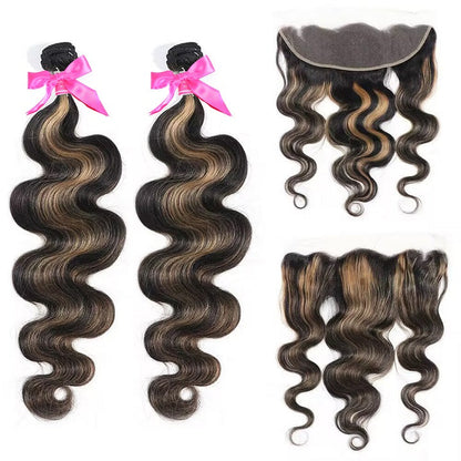 Balayage Honey Blonde Body Wave Hair 3 Bundles With 13x4 Lace Frontal