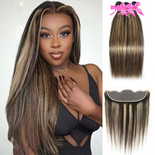 Mix Honey Blonde Straight Hair Balayage Color 3 Bundles With 13x4 Frontal HD Lace