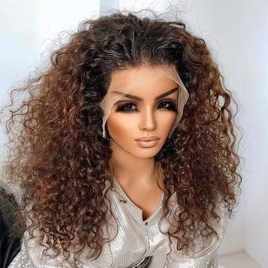 Ombre Dark Brown Crown Curly 13x5 Lace Front Wig Glueless Human Hair Wig