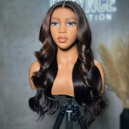 Highlight Brown Mixed Black Color Wavy 5x6 Pre Cut Lace Glueless Wig Human Hair