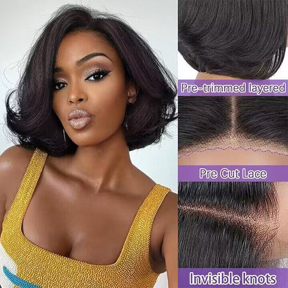 Pre-trimmed Layered Bob Wig Wavy 7x5 Pre Everything Bob Glueless Wig Human Hair