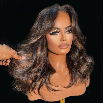 Black Mixed Brown Highlight Body Wavy Wig Human Hair Pre Plucked Glueless Colored Wigs 13x5 Pre Cut Lace Front Wig For Woman