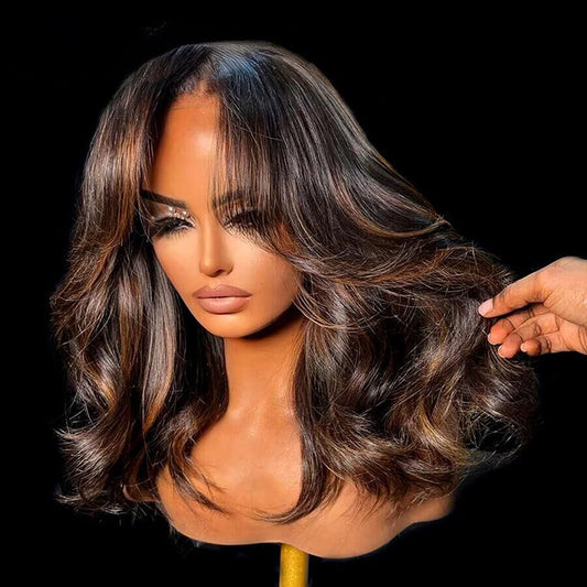 Black Mixed Brown Highlight Body Wavy Wig Human Hair Pre Plucked Glueless Colored Wigs 13x5 Pre Cut Lace Front Wig For Woman