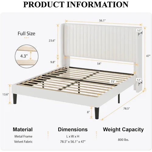 Velvet Bed Frame with Vertical Channel Tufted Wingback Headboard, Upholstered Platform Bed with Wood Slats