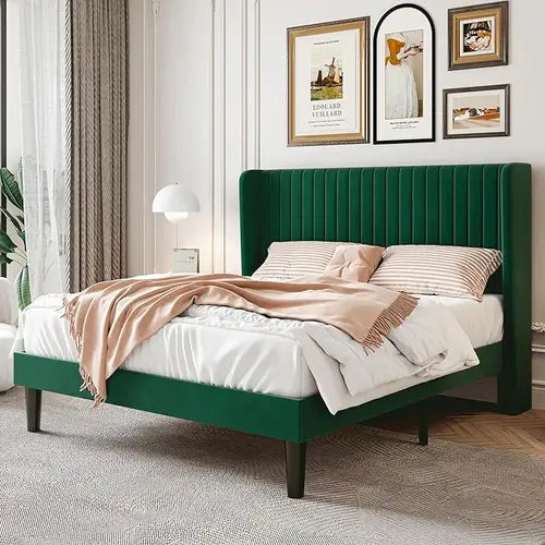 Velvet Bed Frame with Vertical Channel Tufted Wingback Headboard, Upholstered Platform Bed with Wood Slats