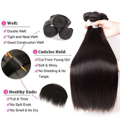 Straight Hair 3 Bundles With Closure 100% Human Hair With Lace Closure