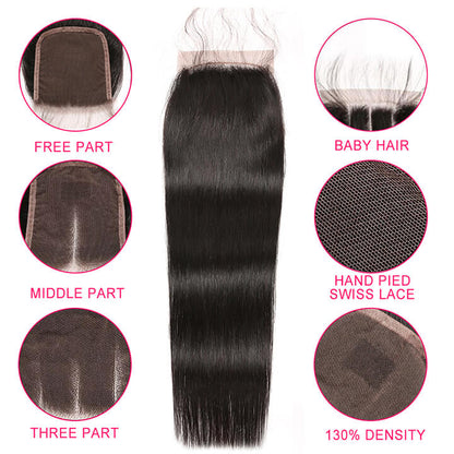 Straight Hair 3 Bundles With Closure 100% Human Hair With Lace Closure