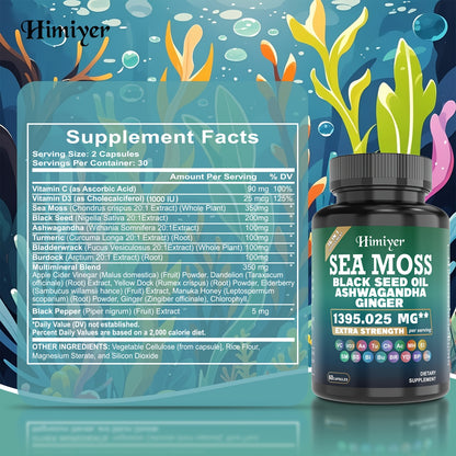 Sea Moss Capsules W/ Black Seed Oil, Ashwagandha & Vitamin Support
