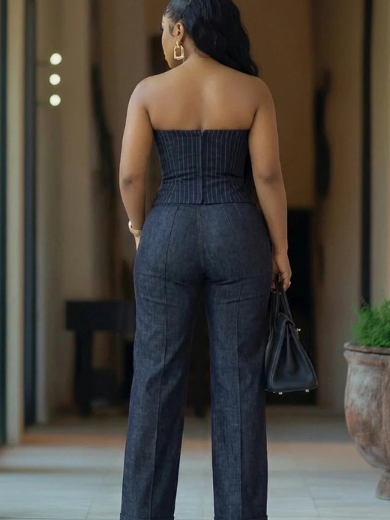Navy Striped Strapless Waist-Cinched Top + Wide-Leg Pants