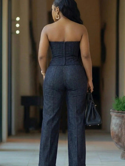 Navy Striped Strapless Waist-Cinched Top + Wide-Leg Pants