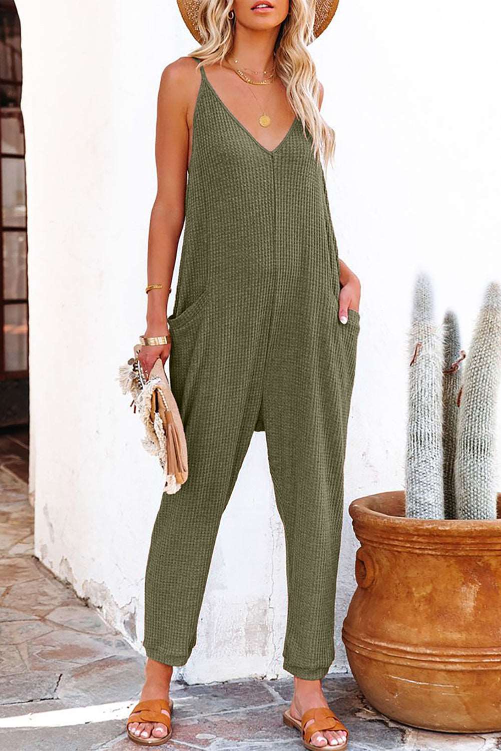 Black Spaghetti Straps Slit Leg Jumpsuit with Pockets