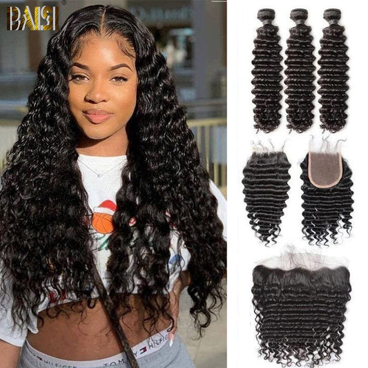 10A Virgin Deep Wave Human Hair Bundles with Closure/Frontal