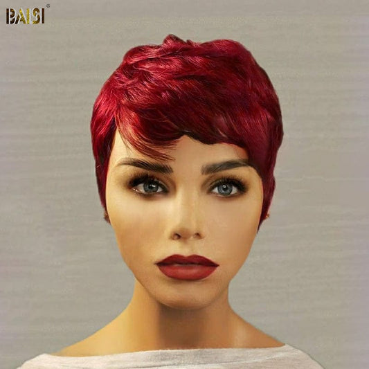 Burgundy PIXIE Tapered Cut Machine Made Wig