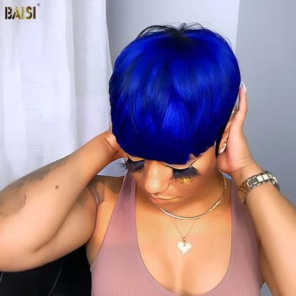 Shining Blue Machine Made Short Cut Wig