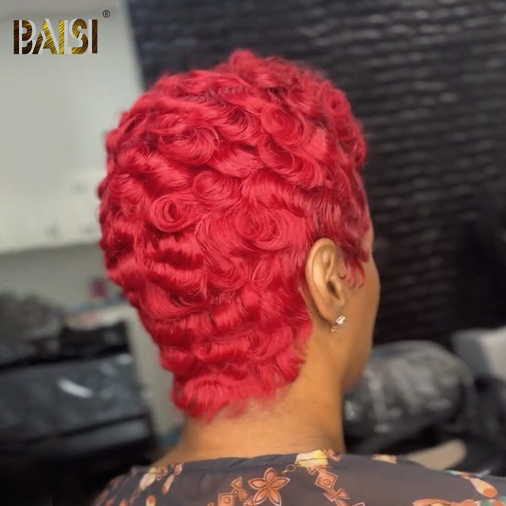 Shinning Red Pixie Finger Wave Machine Made Wig