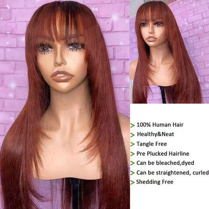 Pre Cut Lace Reddish Brown Straight Layer Cut Lace Front Glueless Wig With Bangs Human Hair