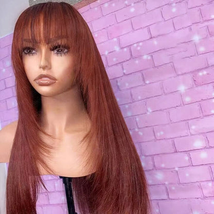 Pre Cut Lace Reddish Brown Straight Layer Cut Lace Front Glueless Wig With Bangs Human Hair