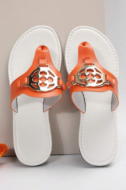 Grapefruit Orange Metal Décor Leather Thong Slippers