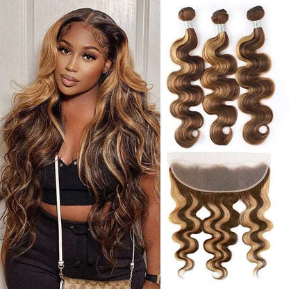 Highlight Hair Bundles with Lace Frontal Peruvian Hair Body Wave 3 Bundles with 13x4 Lace Frontal Closure - Healthier Me Beauty, LLC
