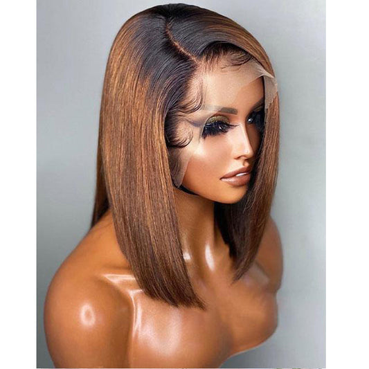 Ombre Brown Short Straight Bob 5x5 Lace Wigs Human Hair Glueless Wig