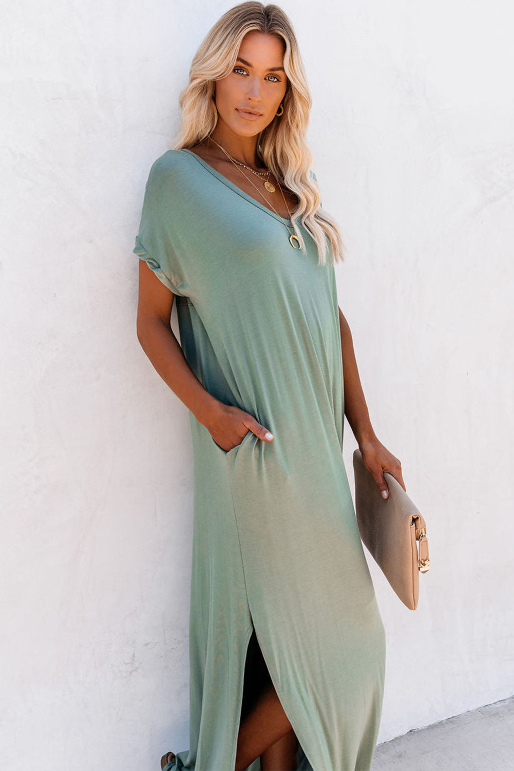 Grass Green V Neck Hidden Pocket Splits Maxi T-shirt Dress