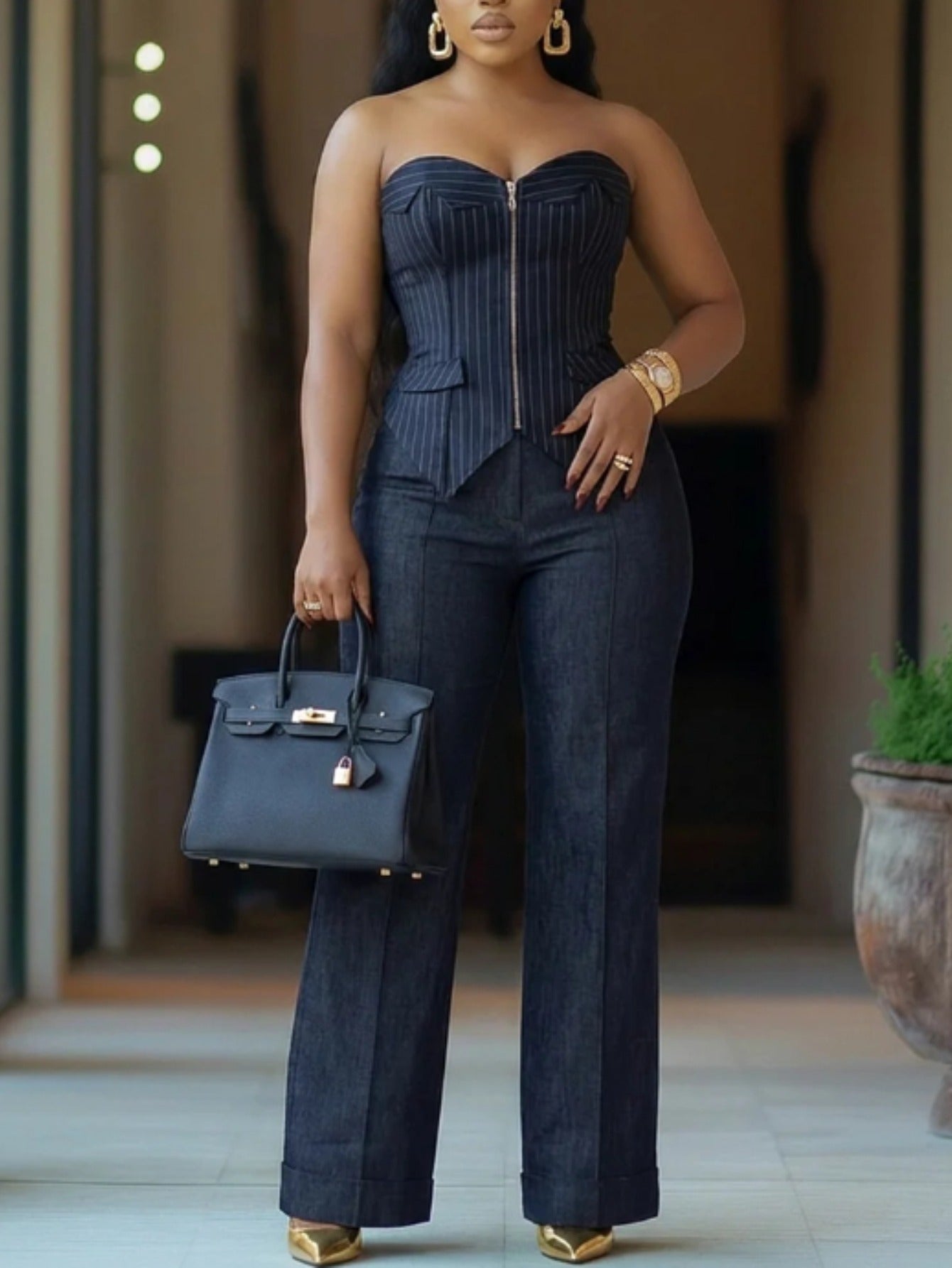 Navy Striped Strapless Waist-Cinched Top + Wide-Leg Pants