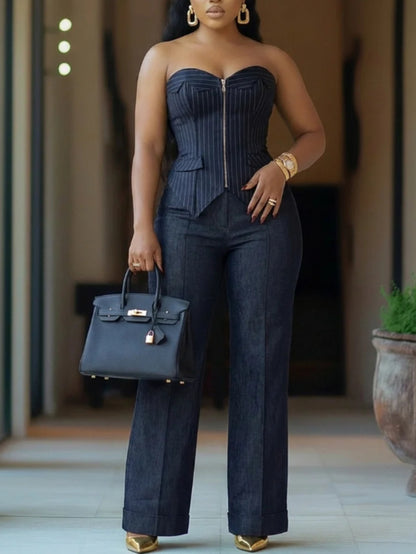 Navy Striped Strapless Waist-Cinched Top + Wide-Leg Pants