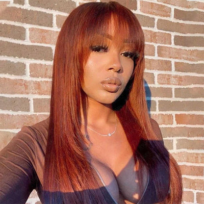 Pre Cut Lace Reddish Brown Straight Layer Cut Lace Front Glueless Wig With Bangs Human Hair