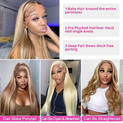Brown Wig With Blonde Highlights 13x4 Straight Hair Lace Front Wigs P4/613 HD Lace Wigs 34 Inch - Healthier Me Beauty, LLC