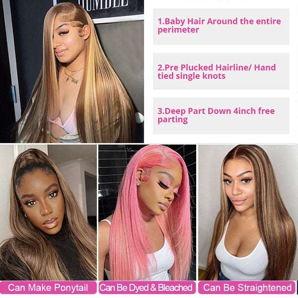 Blonde Highlight Lace Frontal Wig 13x4 HD Lace Front Wigs Straight Human Hair Wigs with Highlights - Healthier Me Beauty, LLC