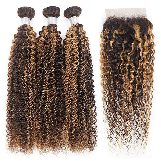 Highlight Curly Bundles with 4x4 Lace Closure Honey Blonde Highlight Bundles with Closure - Healthier Me Beauty, LLC