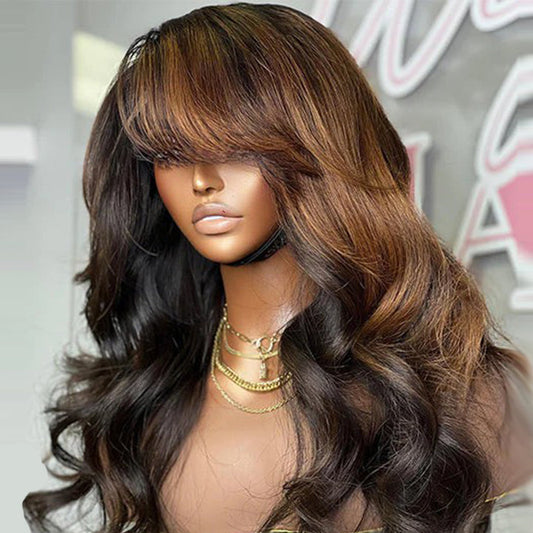 Ombre Brown Loose Wave 4x4 Lace Wig With Side Bangs Glueless Human Hair Wig
