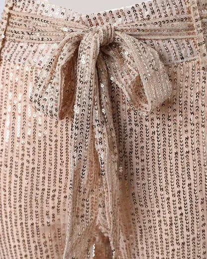 High Waist Tied Detail Sequins Skinny Pants