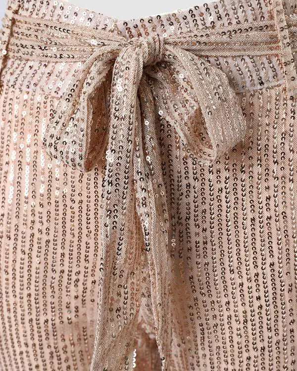 High Waist Tied Detail Sequins Skinny Pants