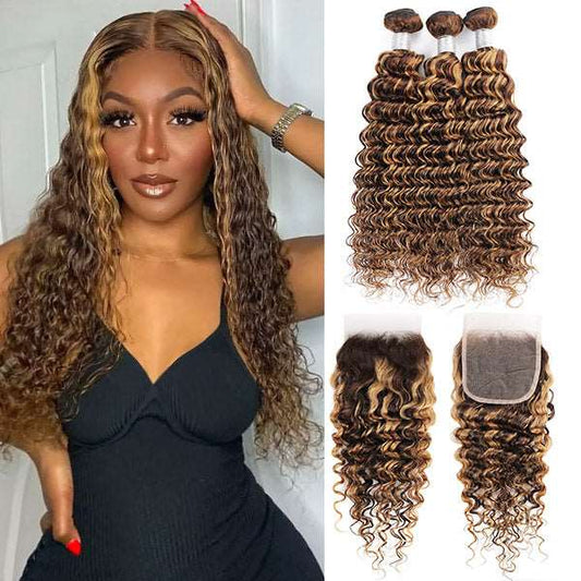 Highlight P4/27 Ombre Bundles With Closure Deep Wave Hair With 4x4 Lace Closure - Healthier Me Beauty, LLC