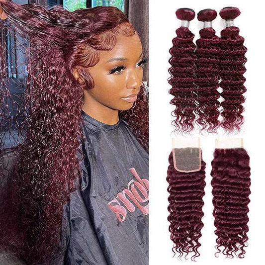 99J Deep Wave 3 Bundles With Closure Virgin Burgundy Human Hair Bundles With Closure - Healthier Me Beauty, LLC