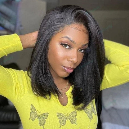 Yaki Kinky Straight Bob Wigs Human Hair Pre Bleached Invisible Knots 7x5 Lace Front Wigs Pre Everything Glueless Wigs Pre Cut Lace